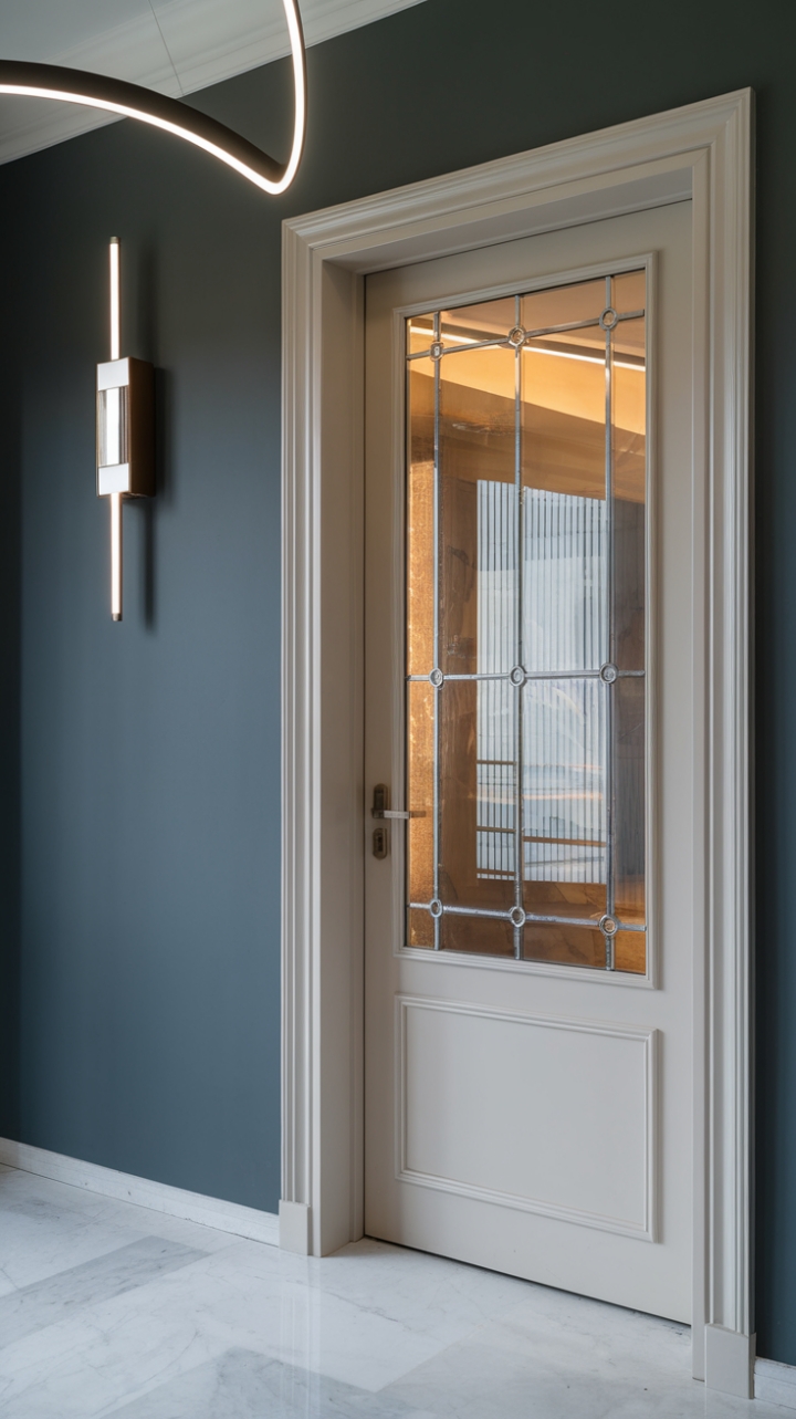 Sculptural simplicity defines this stunning entryway. A pristine white door, its glass panel hinting at the beauty within, commands attention against a backdrop of sophisticated dark grey. The polished marble floor and striking light fixture complete a design that's both bold and breathtakingly refined.