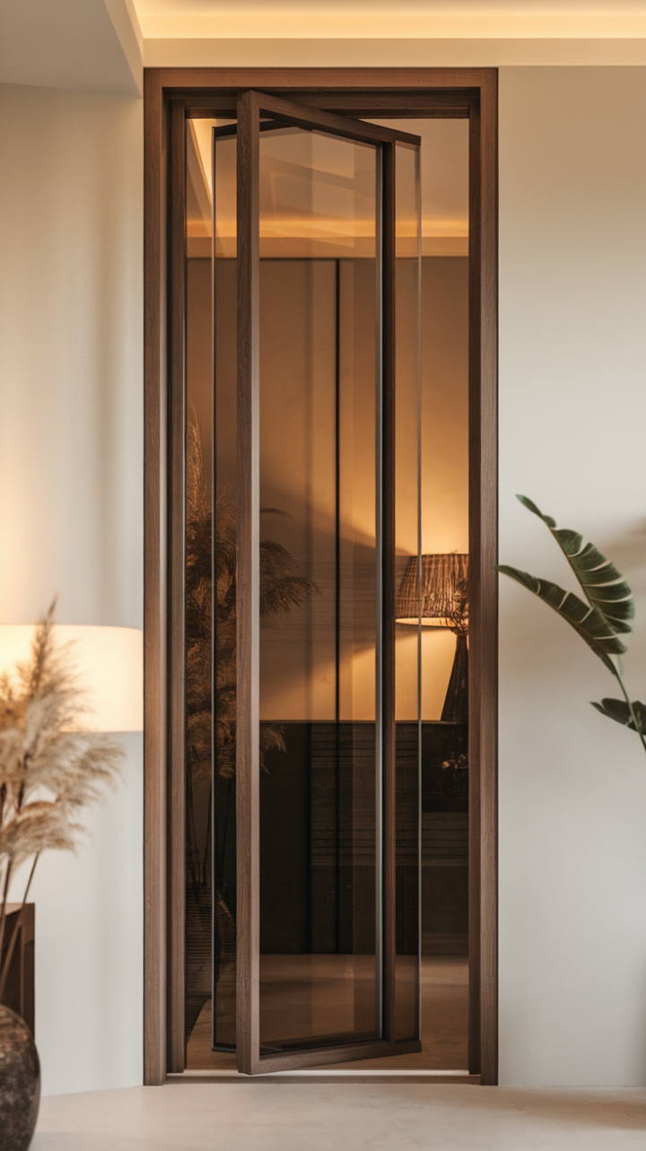 Dark wood and glass: a minimalist masterpiece. This sleek interior door commands attention, its clean lines and subtle glass panel adding a touch of modern sophistication to any entryway. The warm lighting highlights the rich texture of the wood, creating an inviting atmosphere.