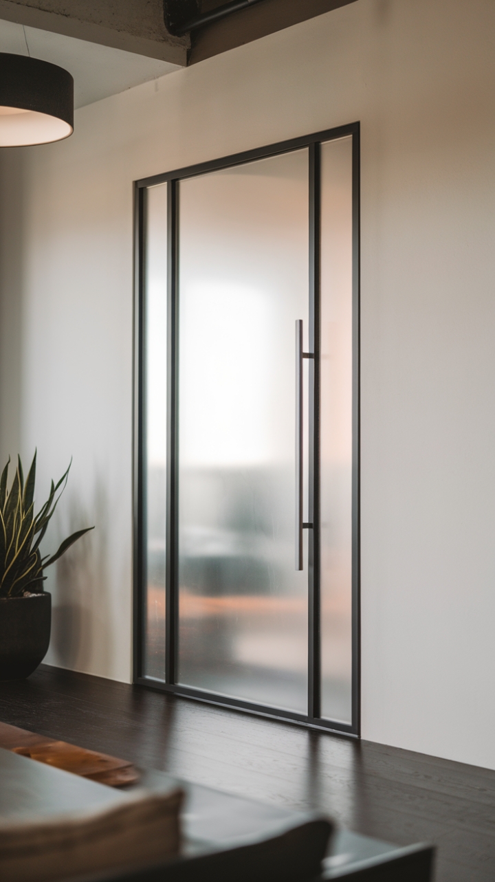 The contemporary door, with its chic frosted glass panel and bold black frame, stands as a testament to minimalist design, seamlessly blending into the modern interior. Against a backdrop of crisp white walls and rich dark hardwood flooring, the door invites a sense of calm sophistication. A stylish lampshade nearby bathes the area in soft light, while a vibrant potted plant introduces a refreshing touch of nature, completing this serene and inviting setting.
