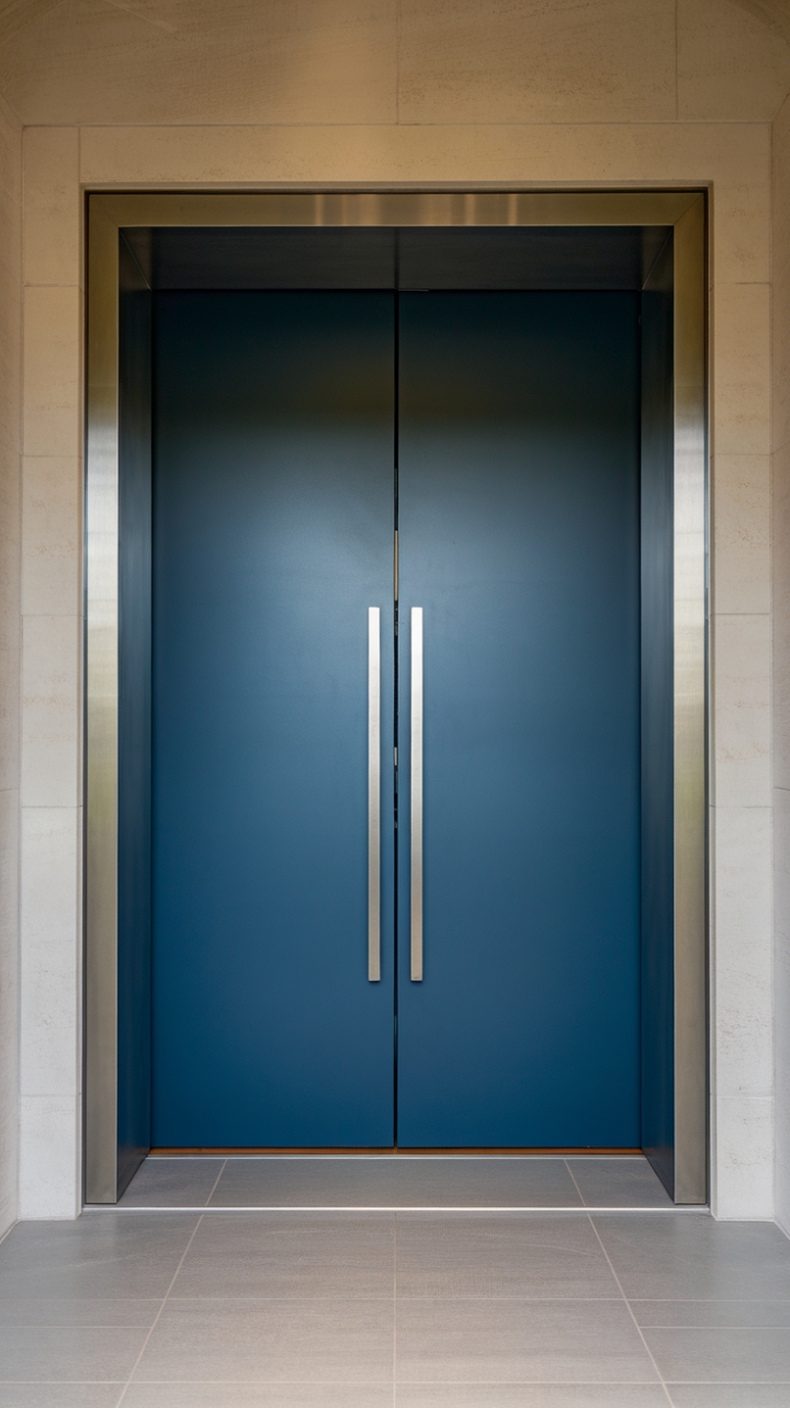 Midnight blue lacquer meets minimalist metal in this showstopping entryway. The deep hue and sleek lines create a dramatic focal point, instantly setting the tone for a sophisticated interior.