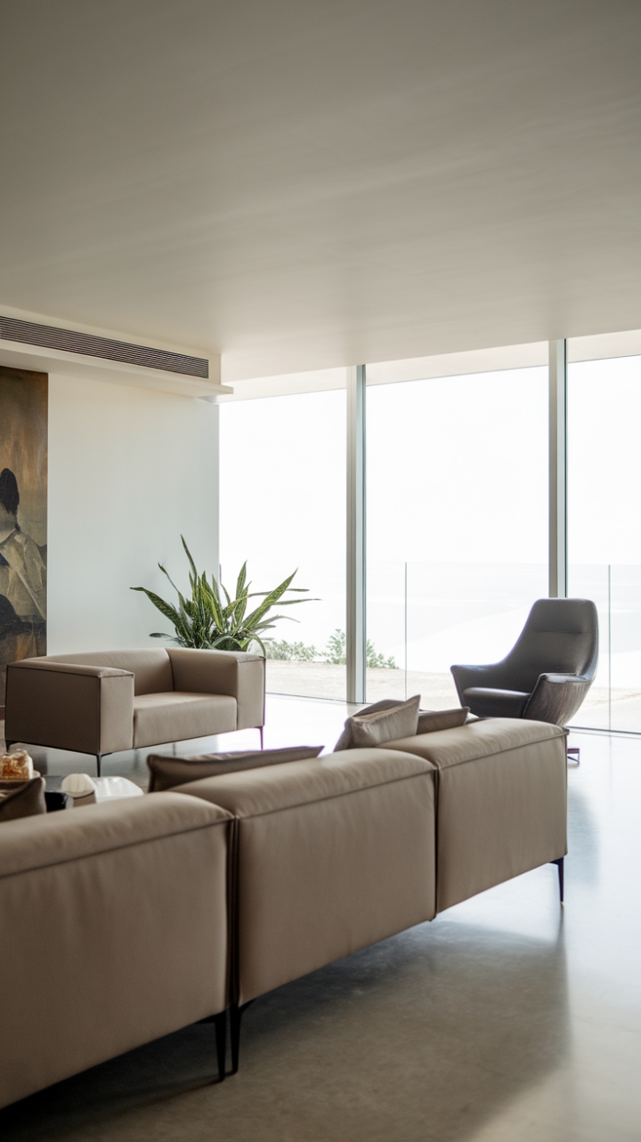 Sculptural seating takes center stage in this impeccably styled living room. The creamy beige sectional and sofa, paired with a sophisticated dark grey accent chair, offer a luxurious yet understated elegance. Clean lines, a neutral palette, and a touch of greenery create a space that's both calming and chic, the epitome of modern minimalist design.