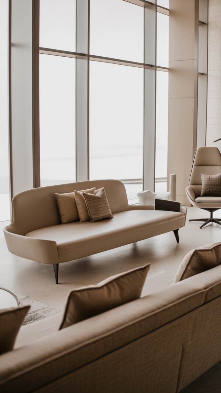This modern living room exudes a serene sophistication, featuring a sleek beige sofa adorned with plush throw pillows that invite relaxation. Positioned in front of a generous window, the natural light floods the space, highlighting the harmonious blend of textures and tones. Nearby, a chic grey sofa complements the neutral palette, creating a stylish conversation area, while a contemporary lounge chair in matching beige upholstery adds an extra layer of comfort. The minimalist design is punctuated by carefully curated decorative items, ensuring that every element contributes to the room's tranquil yet refined atmosphere.