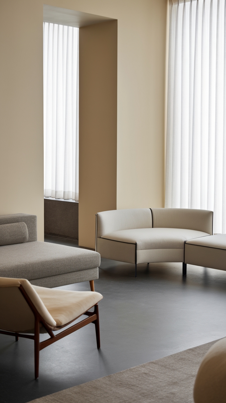 Unwind in this haven of understated elegance. Neutral tones and clean lines create a serene atmosphere, while the interplay of textures-from the plush sectional to the warm wood of the lounge chair-adds depth and visual interest. The soft beige walls and dark grey floor provide a sophisticated backdrop for moments of quiet contemplation.