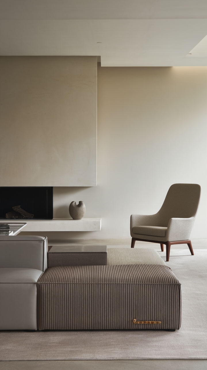 A stunning example of modern elegance, this living room invites relaxation with its thoughtfully designed elements. The sectional sofa, with its unique combination of textures-smooth grey, ribbed beige, and patterned grey-serves as a stylish centerpiece, while the beige lounge chair with a wooden frame adds warmth and comfort. The minimalist aesthetic is punctuated by a sleek fireplace and a few carefully chosen decorative accents, all set against a backdrop of pristine white walls and ceiling that create a bright, open atmosphere perfect for unwinding or entertaining.