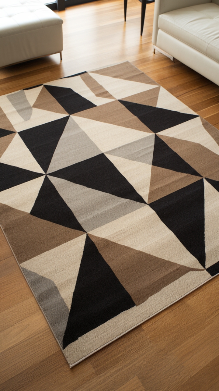 This contemporary rug serves as a striking centerpiece, showcasing a minimalist geometric pattern of black, white, and grey triangles that dance across a warm beige backdrop. Nestled on a polished wooden floor, the rug harmonizes beautifully with the room's stylish decor, including a sleek white couch and a bold black chair. The well-lit space exudes a trendy aesthetic, inviting a sense of modern sophistication and comfort that is both inviting and chic.