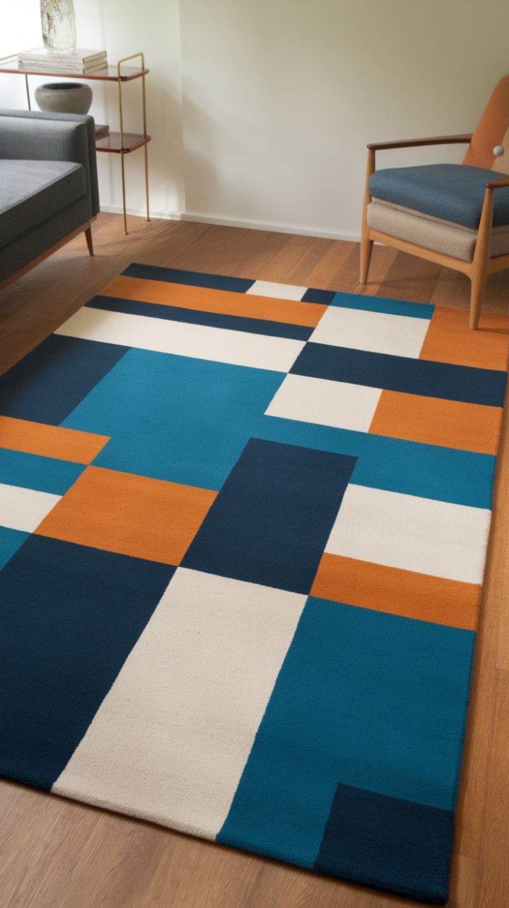 This contemporary rug transforms the space with its striking geometric design, showcasing an interplay of large squares in vibrant shades of blue, orange, and crisp white. The abstract pattern, with its playful cuts and unexpected shapes, adds a dynamic touch to the room, drawing the eye across the wooden floor. Complemented by minimalist furniture, including a sleek sofa and a stylish chair, the white walls create a serene backdrop that allows the rug to take center stage, making it a perfect statement piece for modern living.