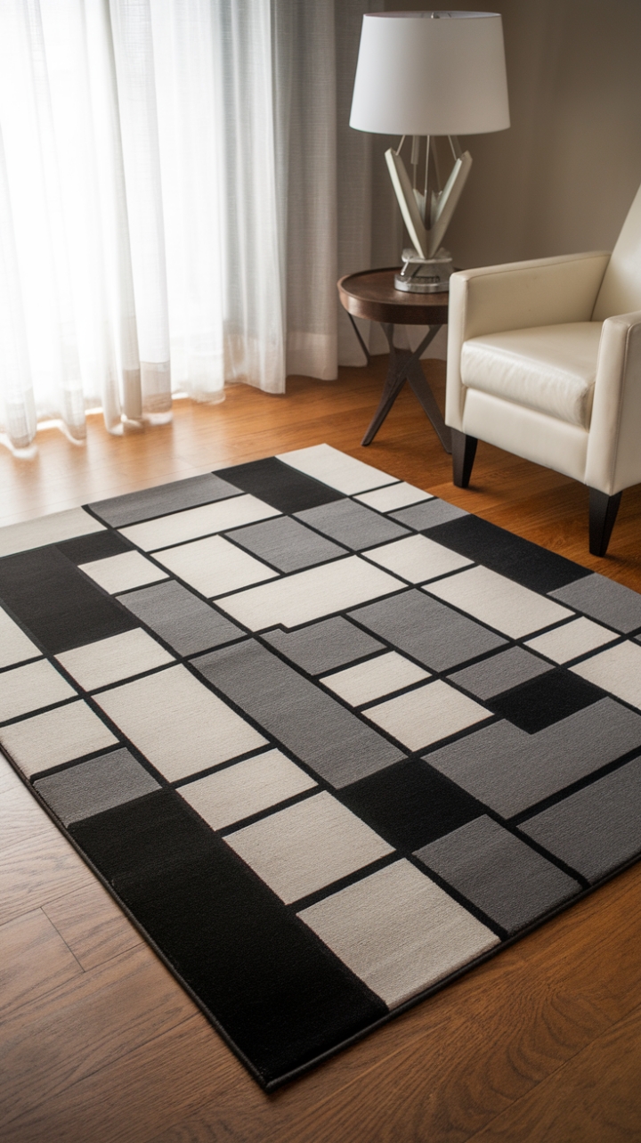With its captivating geometric design, this contemporary rug transforms the space into a modern sanctuary, featuring a bold interplay of black, white, and gray squares interconnected by elegant black lines. Set against a rich wooden floor, the rug complements the minimalist decor, where a sleek white chair and a stylish lamp quietly enhance the ambiance. The "designer rug" label speaks to its curated quality, inviting admiration and inspiring a fresh take on interior elegance.