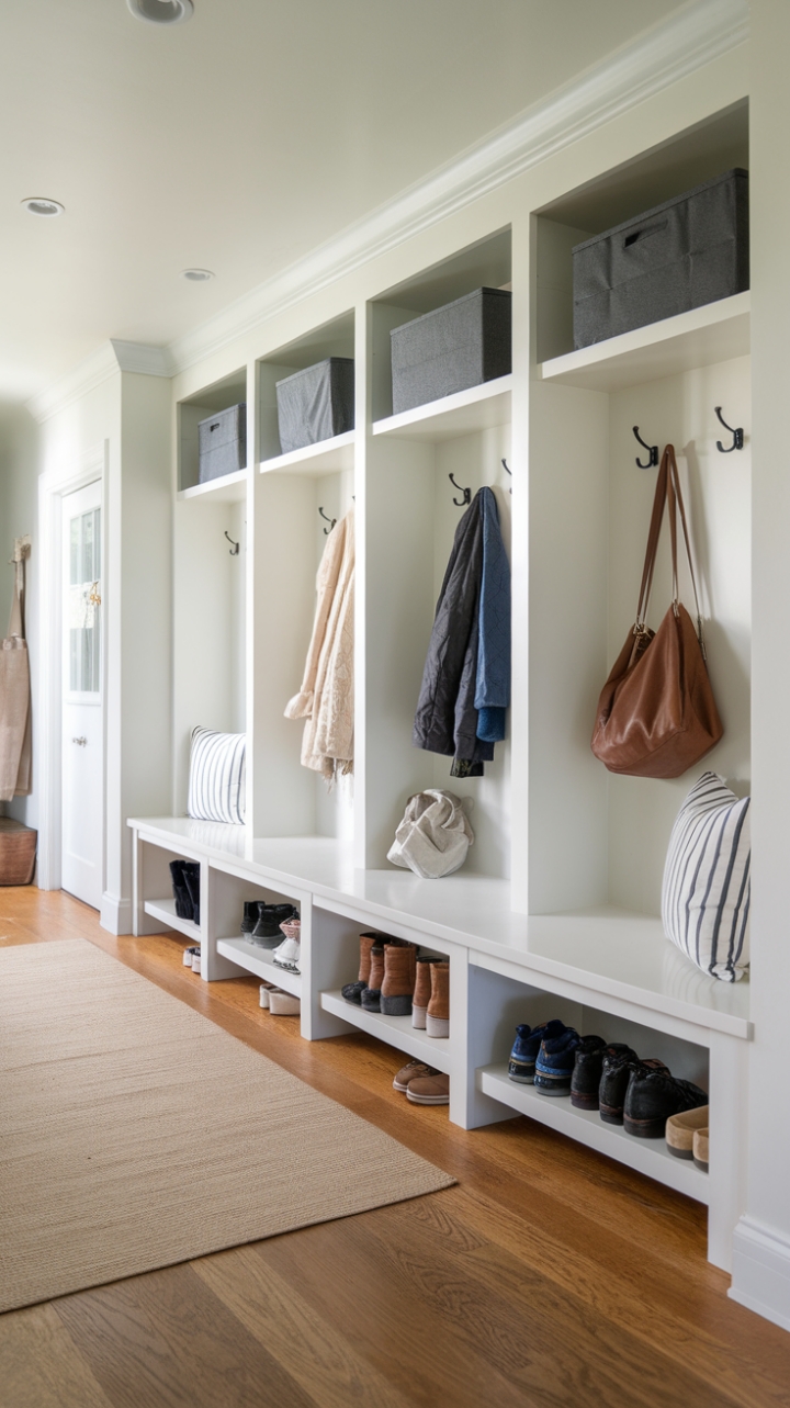 Uncluttered chic meets practical perfection in this contemporary mudroom. A streamlined storage system keeps coats, bags, and shoes neatly at bay, while the hardwood floors and airy ambiance create a welcoming entryway that's as stylish as it is functional. The perfect blend of form and function for the modern home.