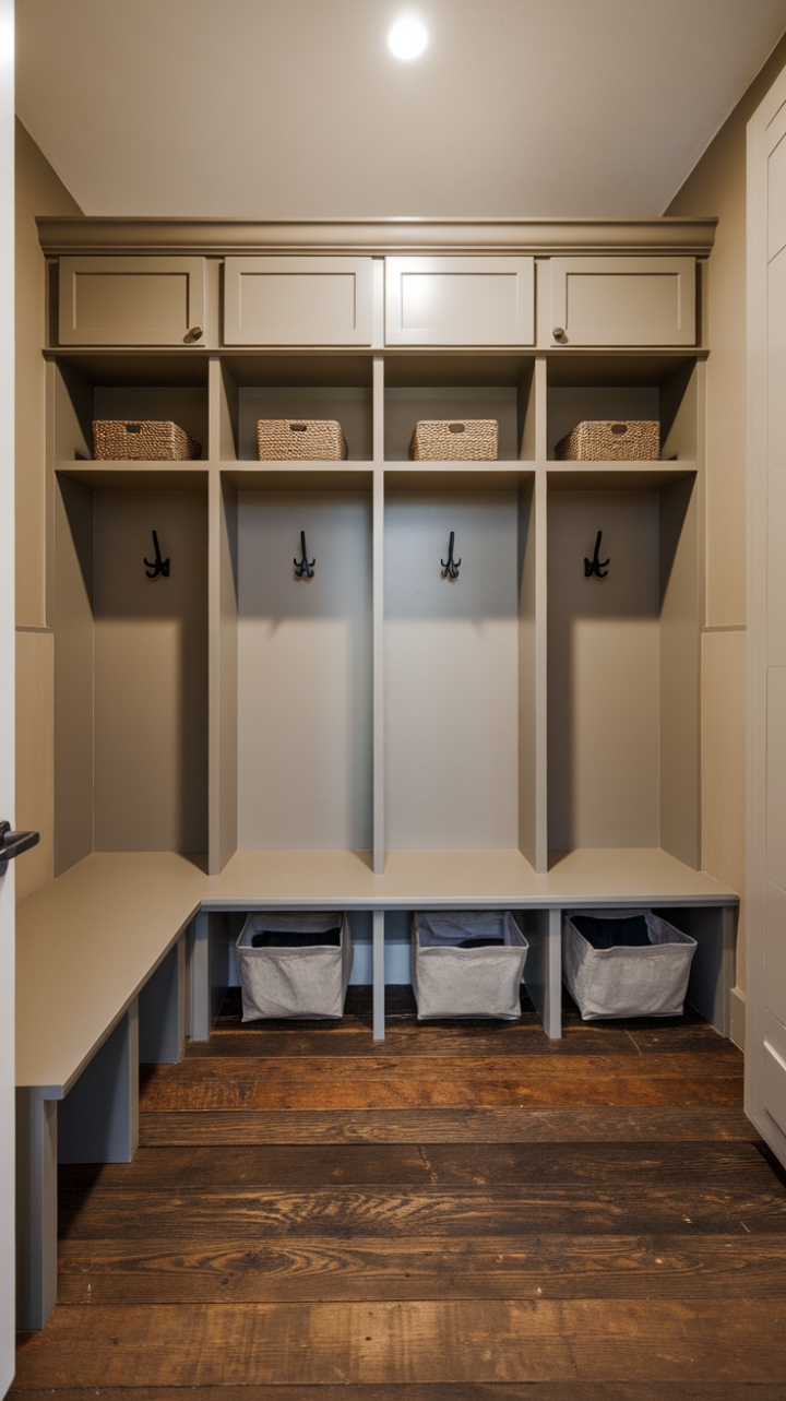 This contemporary mudroom embodies the perfect blend of functionality and style, showcasing a modern entryway that invites organization and simplicity. The sleek storage system, complete with hanging hooks and open shelves, maximizes space while maintaining a minimalist aesthetic. Underfoot, the reclaimed wood floor adds warmth and character, harmonizing beautifully with the soft beige walls that create an airy ambiance. Two thoughtfully designed benches, equipped with convenient storage bins underneath, provide both seating and practicality, making this mudroom a chic yet efficient transition space.