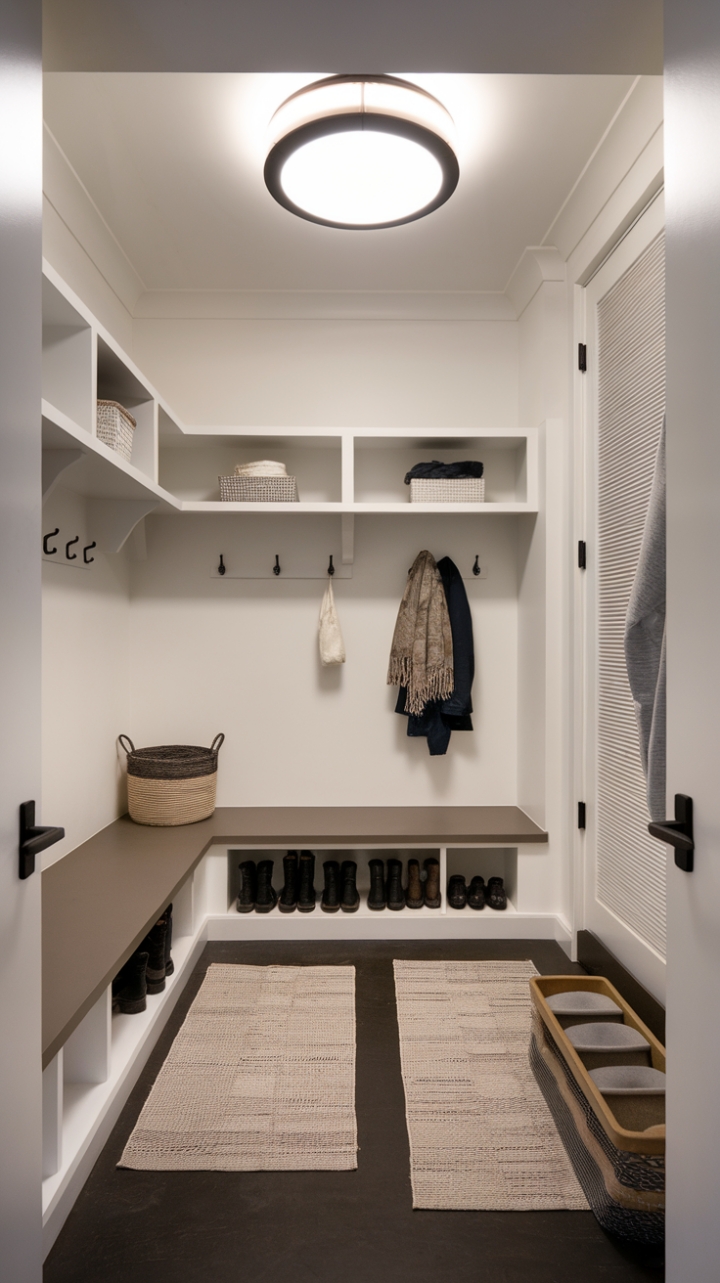 This modern mudroom is a masterclass in minimalist design, featuring crisp white walls that create a bright and airy atmosphere. The combination of sleek floating shelves and a large coat rack offers ample storage while maintaining a streamlined look. Dark flooring grounds the space, complemented by a few carefully chosen rugs that add warmth and texture. A boot tray and a stylish basket for hats and scarves enhance the room's functionality, while a striking circular light fixture overhead provides a focal point that beautifully illuminates the entire entryway.
