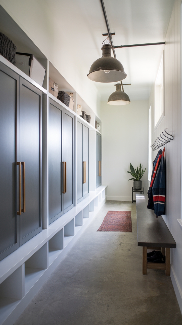 Uncluttered chic meets industrial edge in this modern mudroom. Sleek grey cabinetry, crisp white shelving, and a statement pendant light create a functional yet stylish space, perfectly complemented by a cozy rug and a touch of greenery.