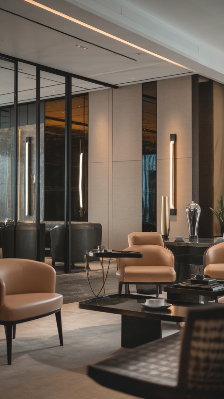 Indulge in the epitome of modern luxury. This living room's minimalist design, featuring designer furniture and premium materials, creates a sophisticated ambiance that's both stylish and inviting. The sleek lines and curated decor whisper understated elegance, promising a sanctuary of refined comfort.