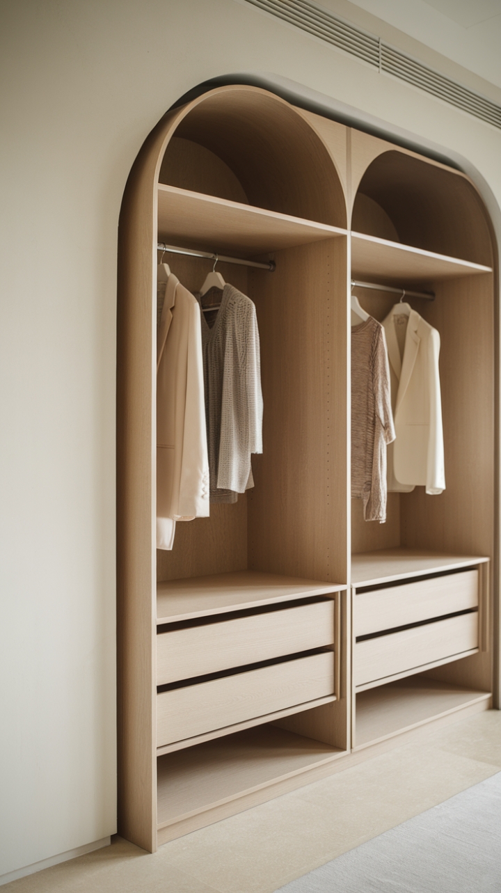 This contemporary wardrobe embodies the essence of minimalist design, showcasing a seamless blend of functionality and style. Crafted from light-hued wood, its clean lines and understated elegance make it a striking focal point in the modern room, where soft lighting casts a warm glow on the white walls and light-colored floor. With a few hanging rods and shelves, it offers just the right amount of space for neatly arranged garments, inviting a sense of order and tranquility into the space.