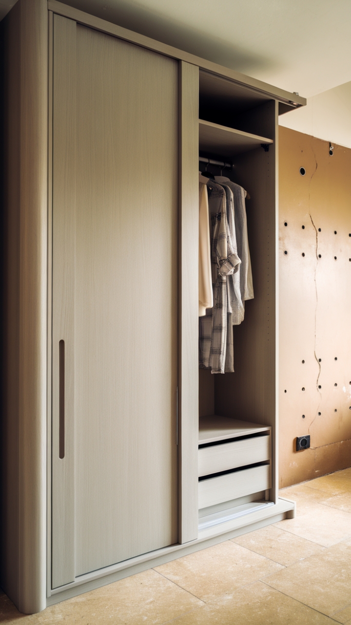 This stunning modern wardrobe showcases a sleek design that perfectly complements contemporary interiors. Crafted from wood with a chic light grey finish, its sliding door offers both functionality and style, seamlessly blending into the wall. Inside, a curated selection of clothes hangs gracefully, hinting at a well-organized space. The warm beige tiles underfoot add a touch of coziness, while the soft lighting creates an inviting atmosphere, making this wardrobe not just a storage solution, but a statement piece in any room.