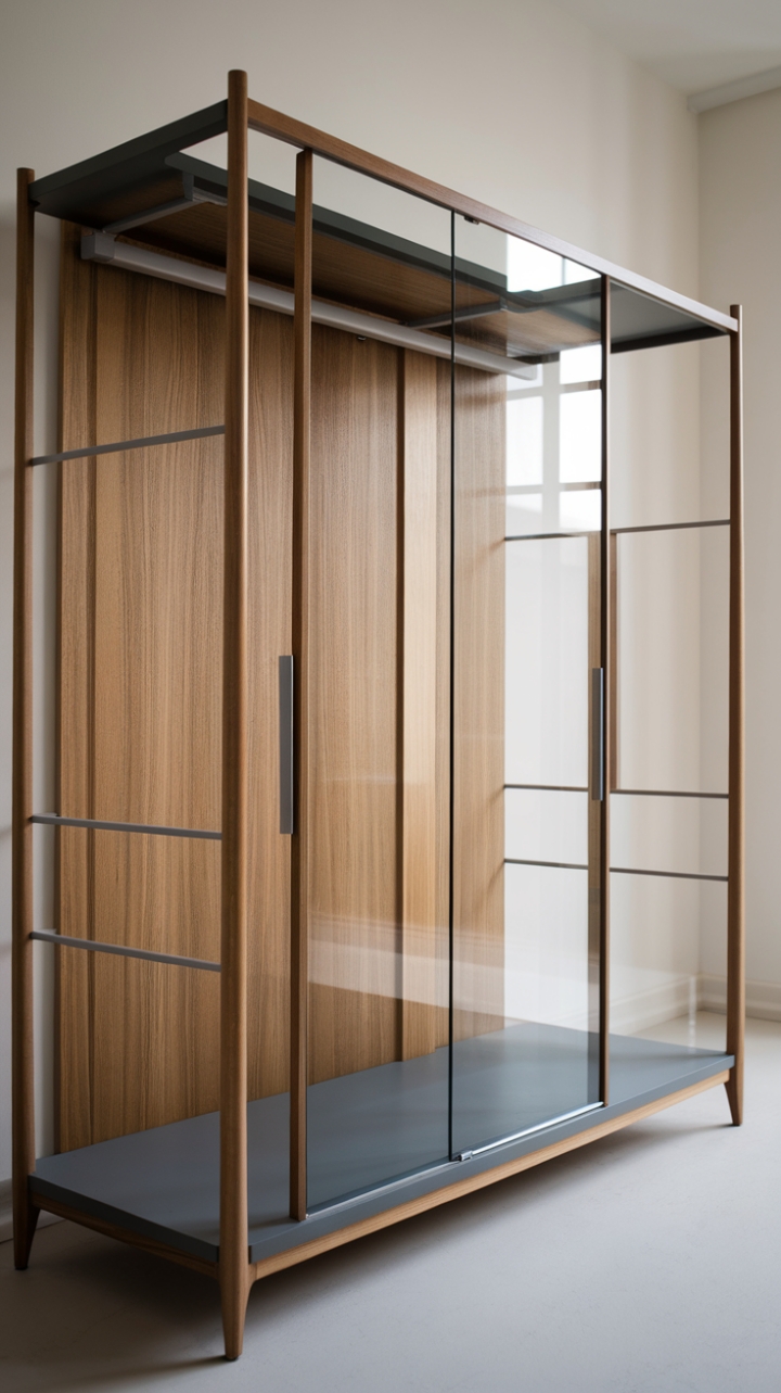 This stunning modern wardrobe redefines sophistication with its sleek wooden frame and contemporary design, seamlessly blending functionality with style. The striking glass doors, elegantly supported by minimalist metal brackets, invite a sense of openness while showcasing your curated collection. Set against a pristine white wall, the wardrobe's dark grey base adds a touch of depth, making it a standout piece in any neutral room, perfect for those who appreciate clean lines and understated elegance.