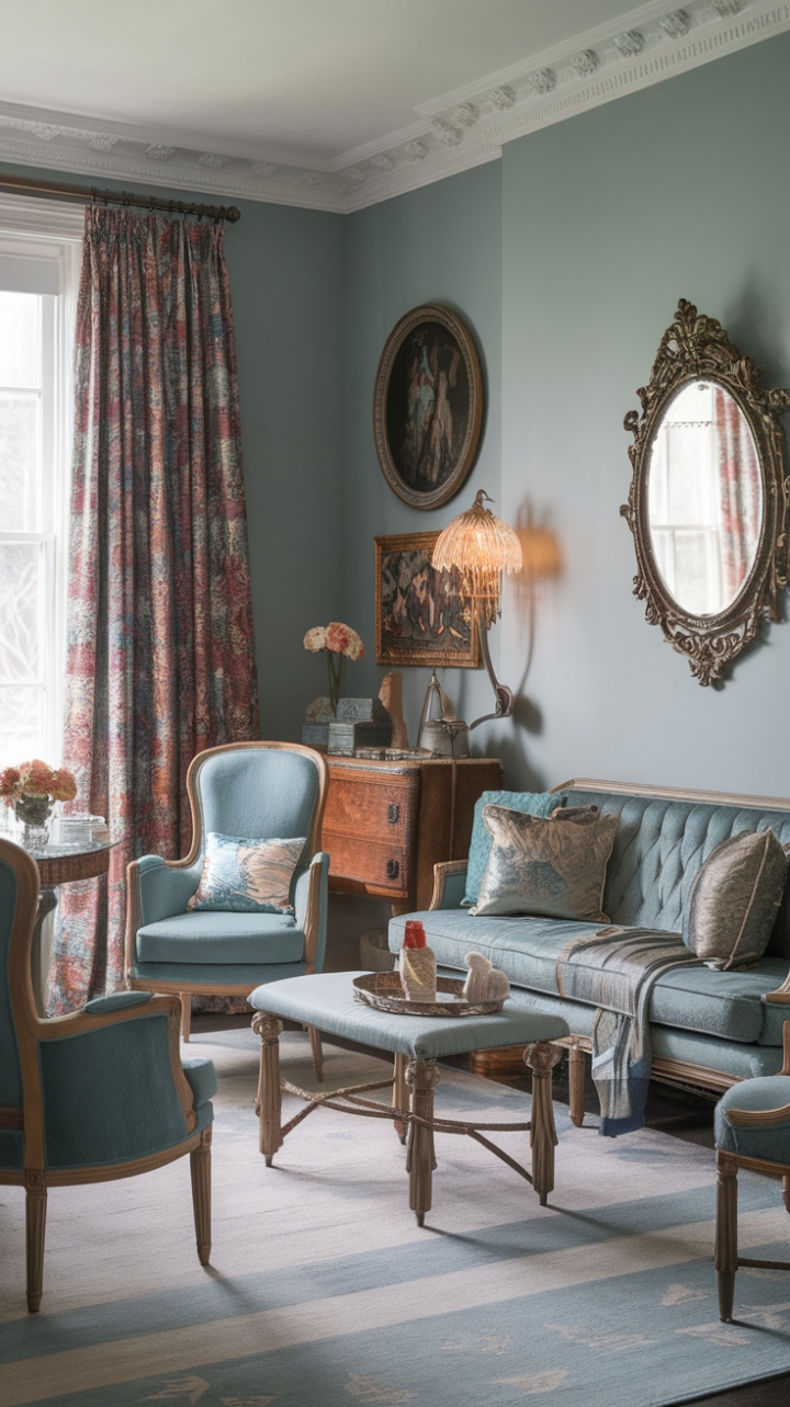 Where Victorian romance meets modern minimalism. Soft blue walls cradle a curated collection of antique finds and sleek lines, creating a living room that's both timeless and utterly fresh. The result? A captivating space that whispers history while shouting style.