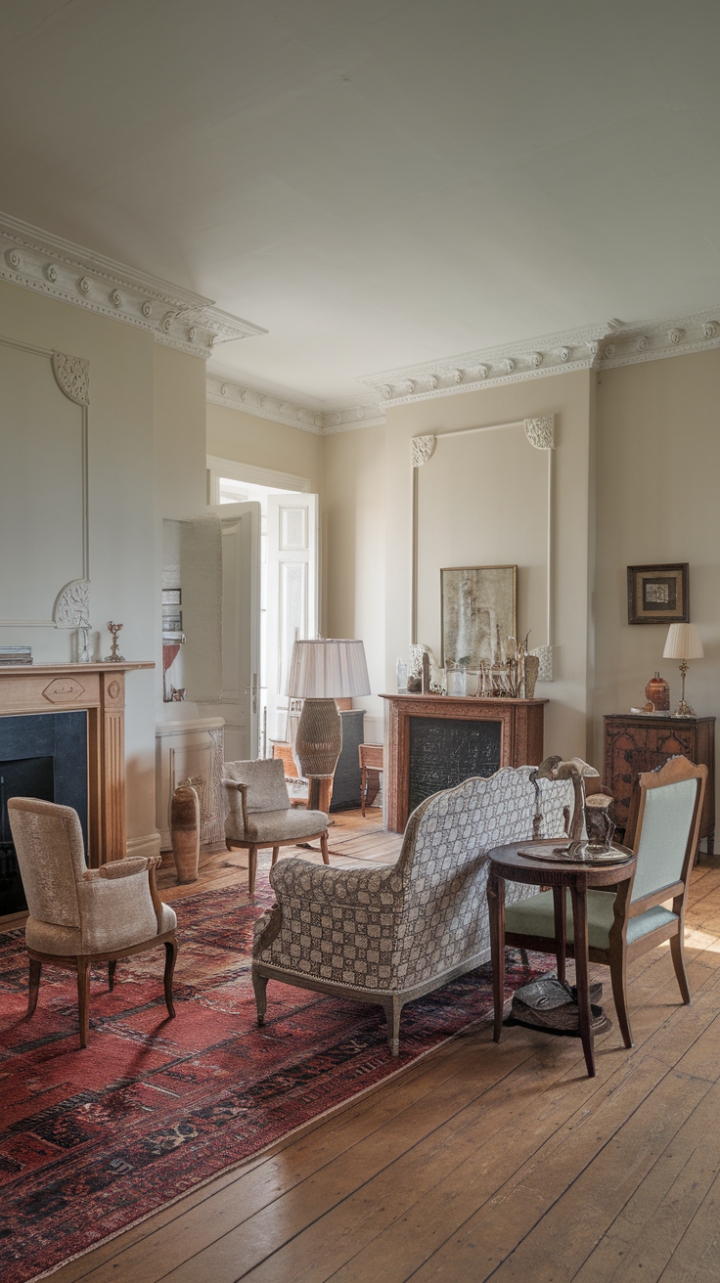 A symphony of style: This living room masterfully unites the grandeur of Victorian design with the clean lines of modern aesthetics. The fireplace anchors the space, while plush seating and carefully curated accessories create an inviting and sophisticated atmosphere.