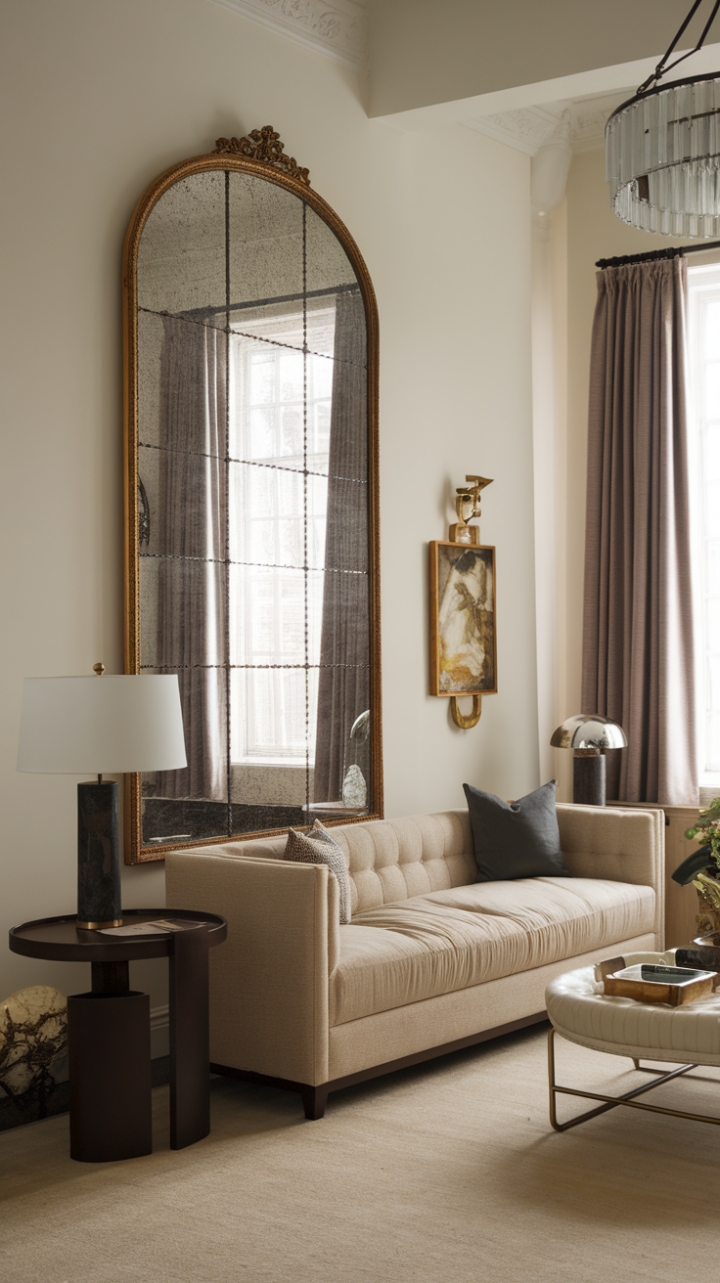 Where Victorian elegance meets modern minimalism. A symphony of textures and light dances in this captivating space, from the plush beige sofa to the gleaming gold accents of the statement mirror. The high ceilings and dramatic chandelier add a touch of grandeur, while the carefully curated vintage pieces whisper tales of bygone eras. This is more than a room; it's a curated experience.