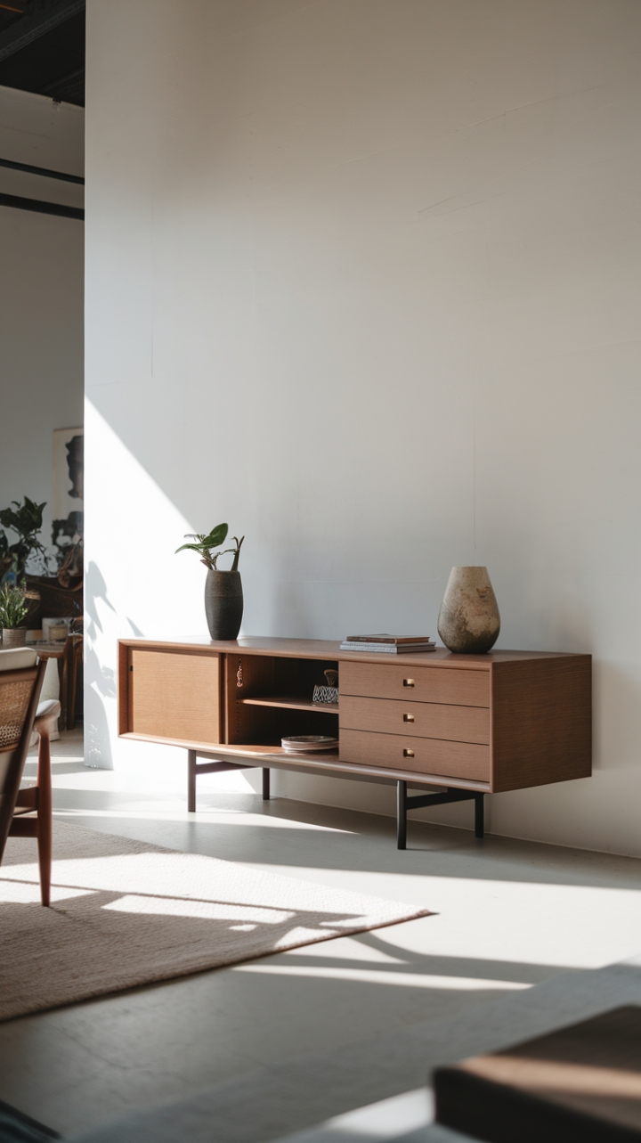 This contemporary sideboard embodies the essence of minimalist design, showcasing clean lines and a sleek silhouette that seamlessly integrates into the spacious room. With its thoughtfully arranged drawers and open shelves, it offers both functionality and style, providing a perfect canvas for decorative accents or cherished mementos. Bathed in bright, natural light, the sideboard stands out against the crisp white wall, harmonizing beautifully with the surrounding furniture and the vibrant greenery of the plant, creating an inviting atmosphere that balances simplicity with sophistication.