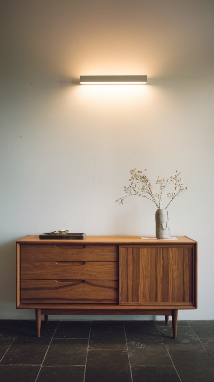This contemporary sideboard embodies the essence of minimalist design, showcasing a sleek wooden structure that seamlessly integrates into any urban setting. With three spacious drawers and a single door, it offers both style and functionality, making it a perfect addition to your living space. The striking contrast of the dark tiled floor against the crisp white walls enhances its modern appeal, while the thoughtfully placed light fixture above casts a warm glow, highlighting the sideboard's clean lines and sophisticated silhouette.