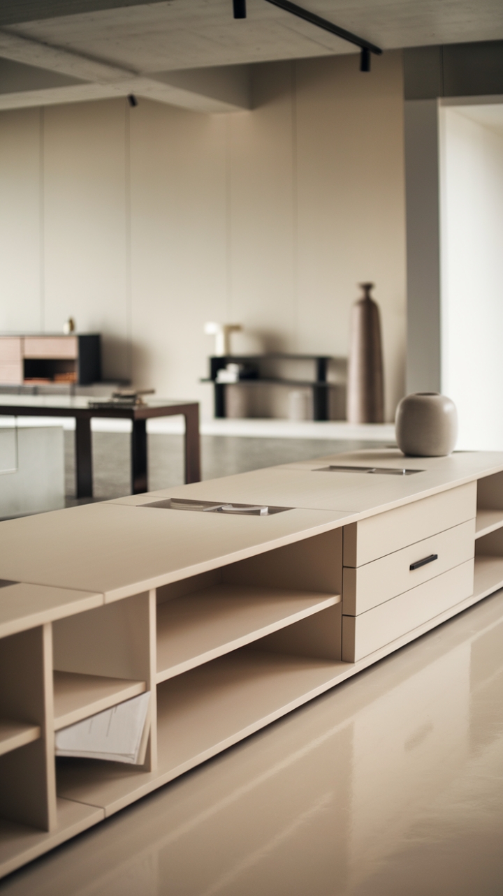This contemporary sideboard embodies the essence of minimalist design, showcasing a pristine white exterior that harmonizes beautifully with its sleek urban aesthetic. Accented by subtle black handles, it offers a perfect blend of form and function, featuring multiple shelves and drawers for organized storage. Set against a backdrop of a modern living space adorned with designer furniture, including a chic console table and stylish storage units, this sideboard serves as a striking focal point, enhancing the overall sophistication of the room.