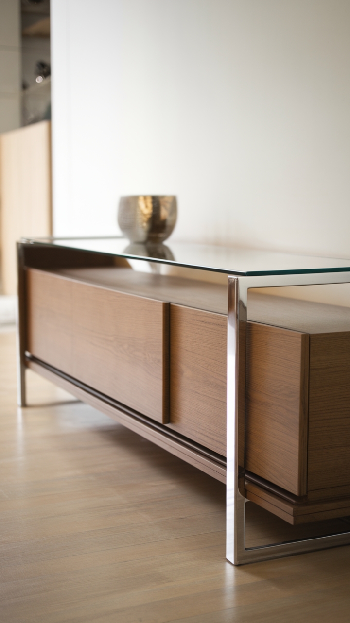 This contemporary sideboard embodies the essence of urban sophistication with its sleek, minimalist design that seamlessly integrates into any modern living space. The polished chrome handle adds a touch of elegance, while the tempered glass top offers a striking contrast to the high-quality wood body, finished in a chic matte. With its spacious interior, this credenza not only serves as a stylish focal point but also provides ample storage, making it a perfect addition to a living room adorned with crisp white walls and warm wooden floors.