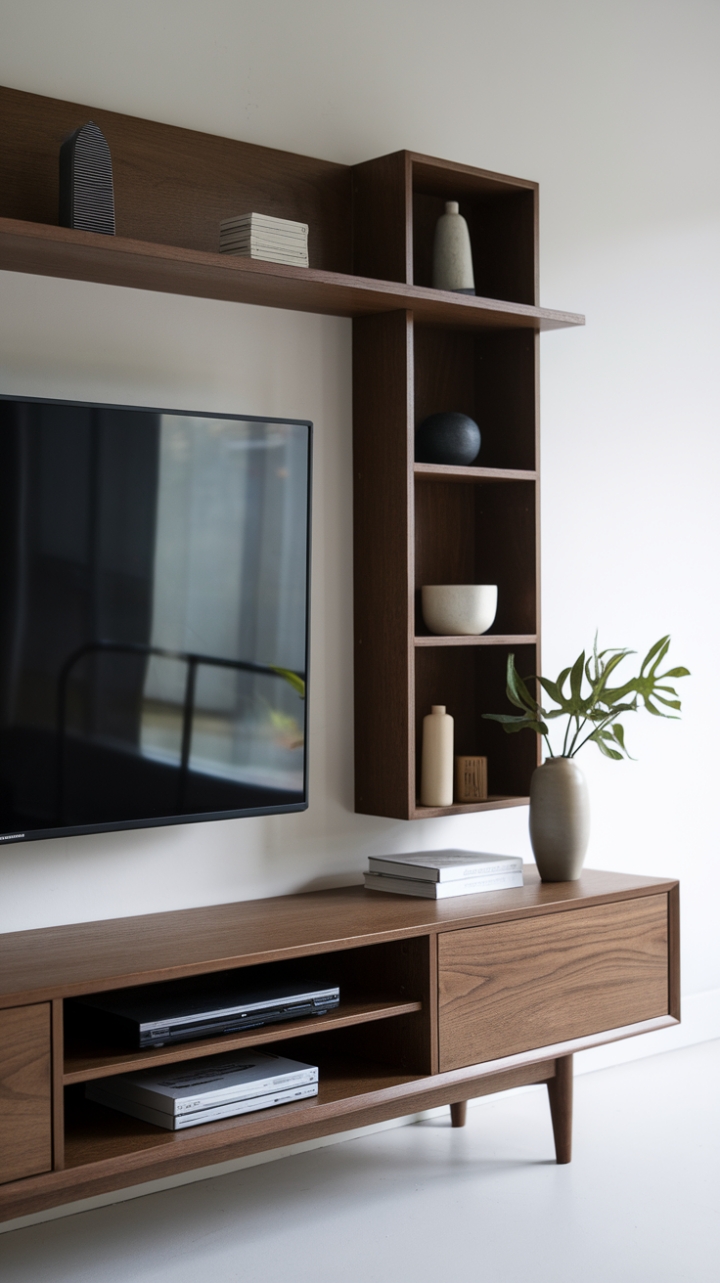 Dark, dramatic, and decidedly chic: This modern TV unit is more than just storage; it's a statement piece. The rich wood finish and sleek silhouette add a touch of luxury to any room, while the cleverly designed compartments keep your media organized and your space clutter-free.