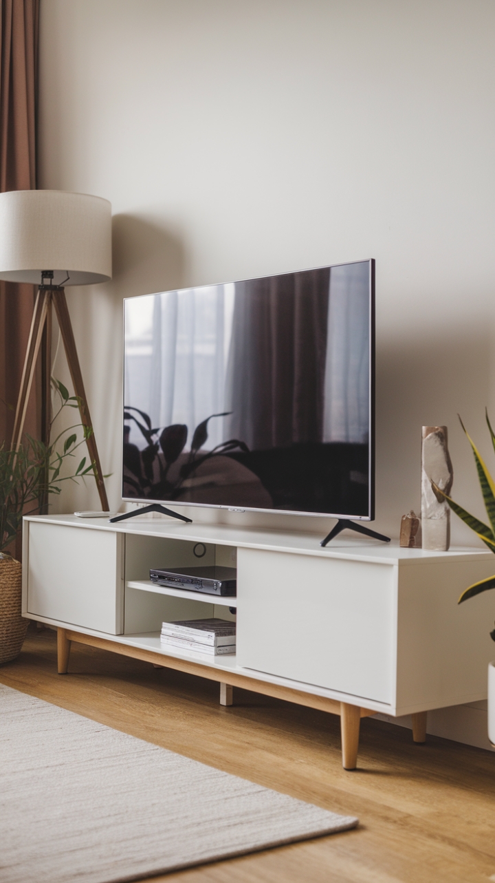 Uncluttered elegance meets modern functionality. This minimalist TV unit, a study in sleek lines and understated sophistication, anchors the living space with quiet confidence. The warm wood floor and soft glow of the nearby lamp create an inviting atmosphere, perfectly complemented by the verdant touch of the plant.