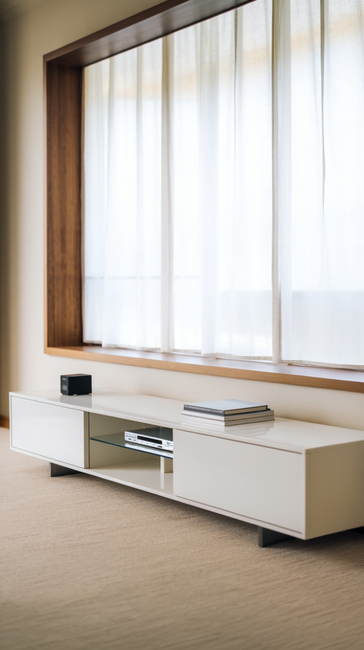 With its striking minimalist appeal, this entertainment center transforms the living space into a stylish haven. The white media console, featuring two discreet drawers and a sophisticated glass shelf, harmonizes beautifully with the natural light streaming through the large wooden-framed window, dressed in elegant white curtains. The plush beige carpet underlines the modern design, inviting relaxation while enhancing the overall tranquility of the room.