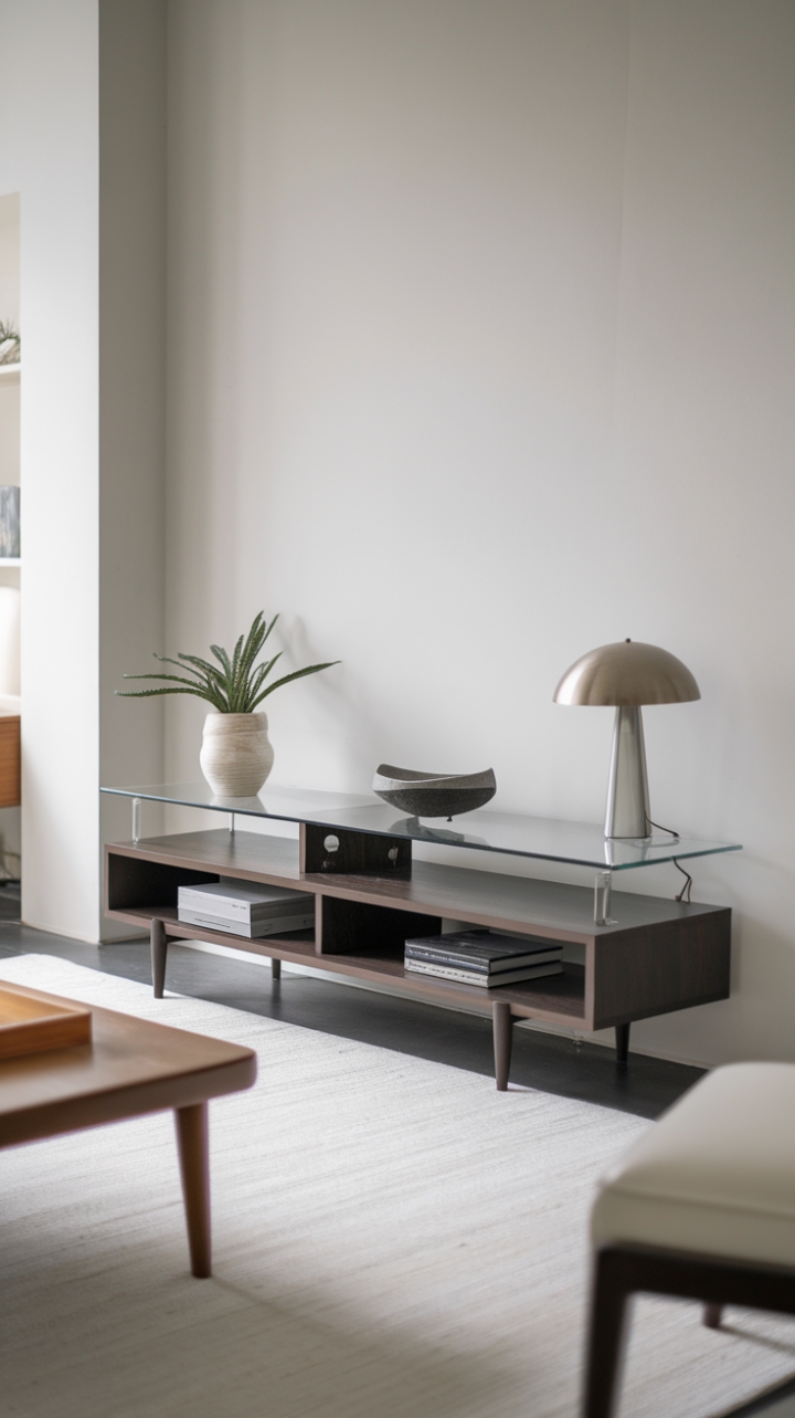 The contemporary TV unit stands as a striking focal point in this modern living room, characterized by its minimalist design that marries form and function. With a sleek glass top supported by dark wooden legs, it offers a sophisticated touch against the crisp white wall. The lower shelf showcases a curated selection of decorative items, including a lush plant and a tasteful bowl, while the upper shelf features a chic lamp that enhances the room's ambiance. The soft white rug underfoot, paired with a stylish white chair and a warm wooden coffee table, creates a cozy yet refined setting, ideal for enjoying leisurely evenings or entertaining guests.