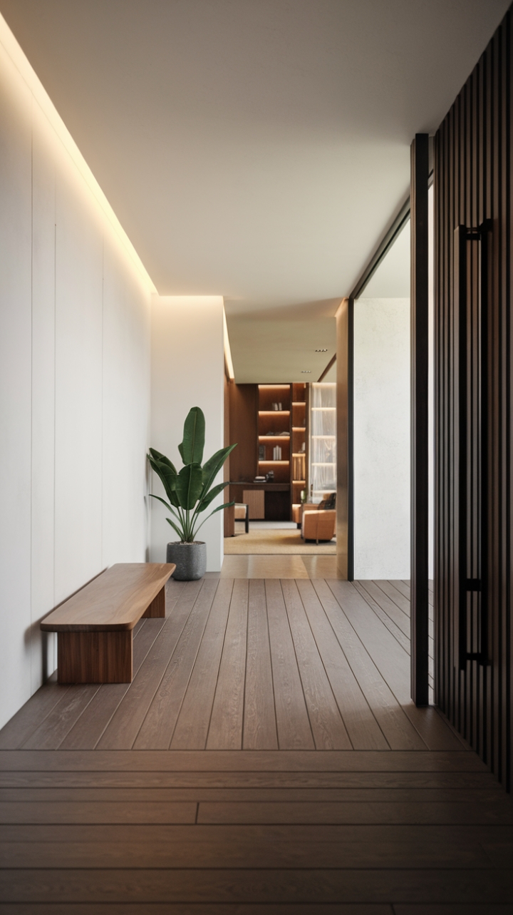 This contemporary entrance foyer exudes a serene charm with its minimalist design, where the warm wooden floor meets crisp white walls, creating a canvas of tranquility. A sleek wooden bench invites you to pause, while a vibrant potted plant adds a touch of life and freshness to the space. Soft lighting bathes the area in a gentle glow, enhancing the inviting atmosphere, while the stylish hallway in the background showcases an array of chic furniture and decor that perfectly complements the foyer's understated elegance.
