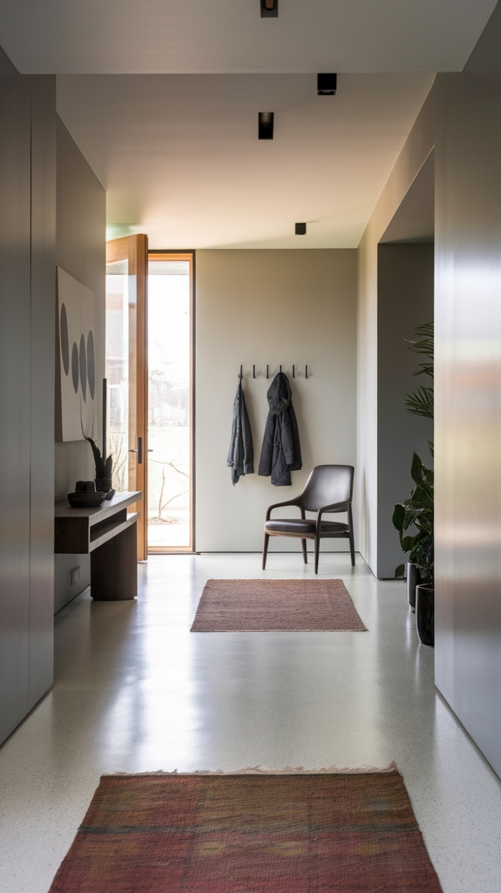 Serene sophistication meets minimalist chic in this contemporary foyer. Soft gray walls, a gleaming white floor, and carefully curated furniture create an inviting and tranquil entryway, perfect for setting the tone for the entire home. The subtle textural play of rugs and the thoughtful placement of a console and chair add warmth without compromising the clean lines of the design.