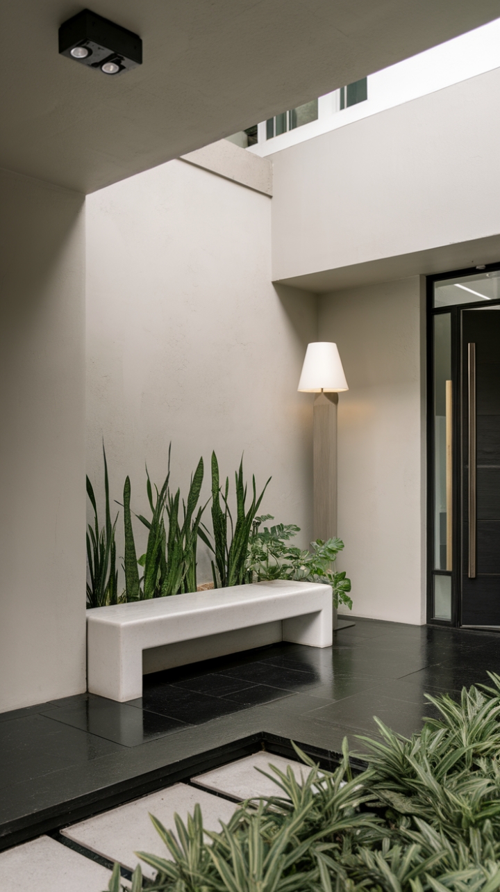 A minimalist's dream: this entrance hall showcases the power of negative space. The sleek white bench, subtly adorned with greenery, anchors the design against a backdrop of sophisticated grey walls and dramatic black flooring. Subtle lighting and soaring ceilings complete this quietly stunning first impression.