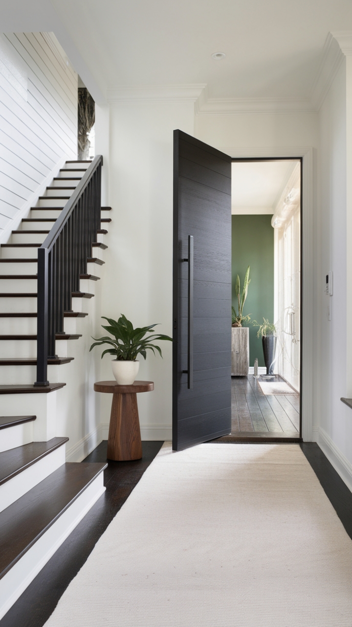A stunning blend of modern design and natural elements, this minimalist foyer captivates with its sleek dark wooden door and pristine white walls. The striking black railing along the wooden steps introduces a contemporary edge, while a round wooden side table with a lush potted plant injects life into the space. The soft white rug underfoot creates a cozy atmosphere, and the chic hallway in the background, adorned with a vibrant green wall, adds a refreshing splash of color, making this entryway a true statement of style.