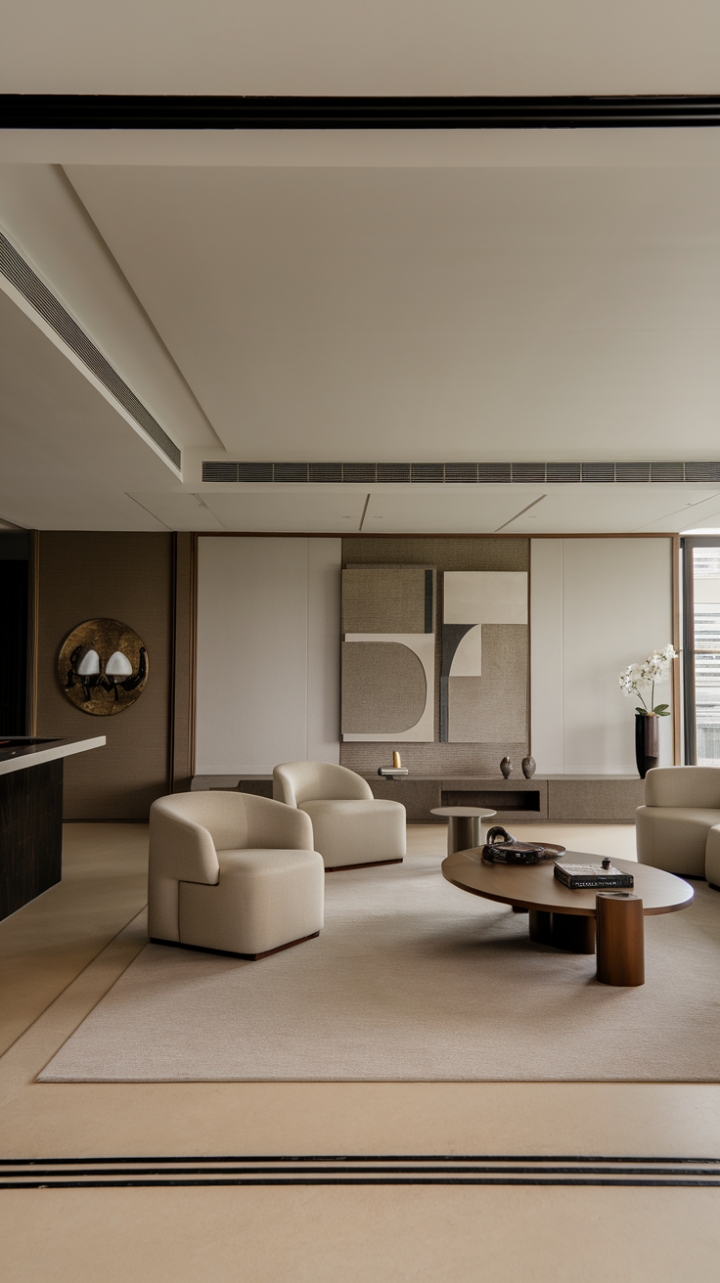Clean lines and a calming color story converge in this modern living room. Sleek furniture and a thoughtfully curated art piece add personality to the minimalist aesthetic, creating a space that's both chic and incredibly inviting.