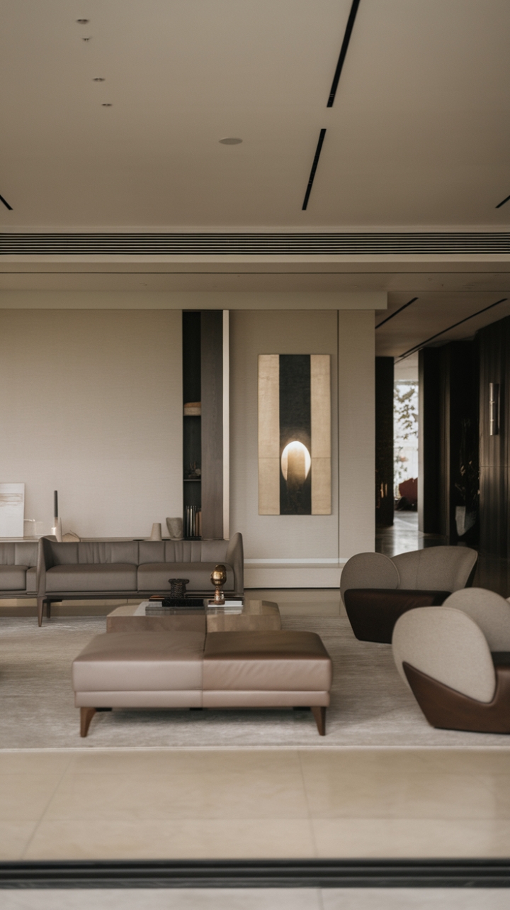 Sculptural lines and a neutral palette define this contemporary living room, where minimalist furniture and a striking piece of modern art create a haven of sophisticated calm. The open floor plan maximizes space and light, resulting in an airy and stylish ambiance.