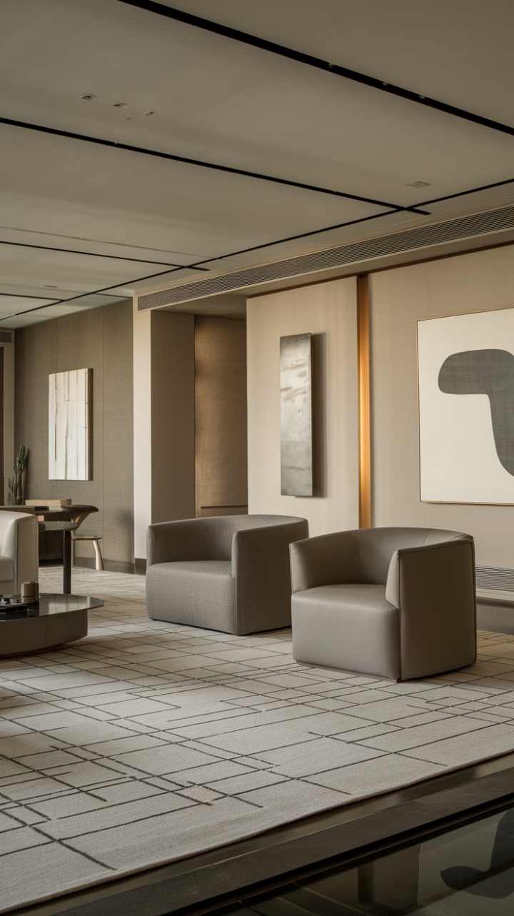 Sculptural lines and a neutral palette define this contemporary haven. Geometric artistry grounds the space, while minimalist furniture and modern art create a sophisticated sanctuary of calm.