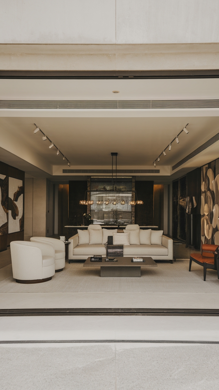 Clean lines and a muted color story take center stage in this modern living room. Sleek furniture and carefully curated art pieces combine to produce an atmosphere of understated elegance and quiet sophistication, perfect for both relaxation and entertaining.