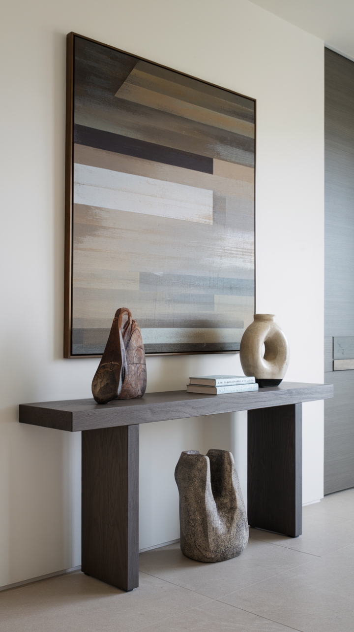 Modern minimalism meets artistic expression. This entryway showcases a sleek console table, its dark wood a striking contrast to the bold strokes of the abstract painting. Subtle styling and chic tile flooring create a welcoming and impeccably designed space.