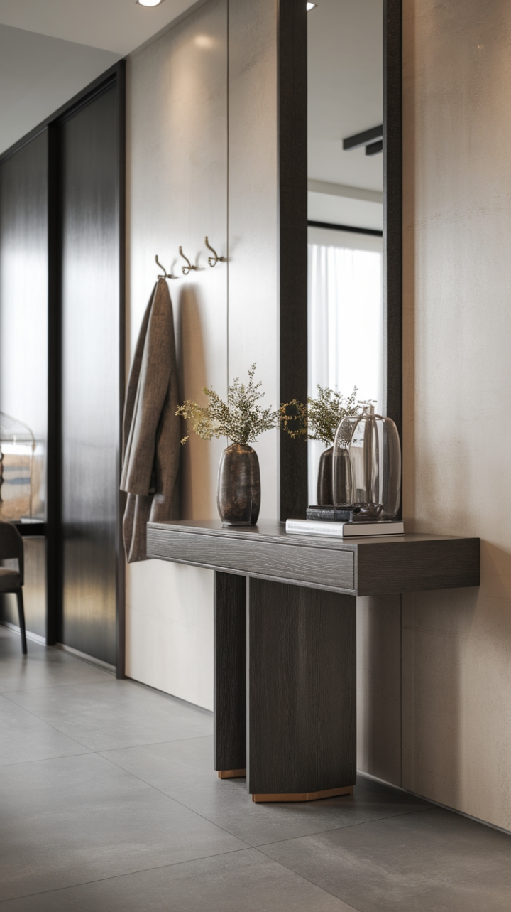 Unveiling understated elegance: This contemporary entryway boasts a dark wood console, its minimalist form perfectly complemented by carefully curated accents. The sleek design and strategic use of mirrors maximize space and light, creating an inviting and sophisticated welcome.