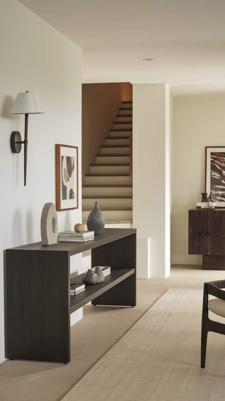 Commanding presence meets understated elegance. This contemporary console table, a study in dark wood and clean lines, sets the tone for a sophisticated home. Subtle decorative touches and a soft beige rug create a welcoming atmosphere, while the background staircase promises further design delights.
