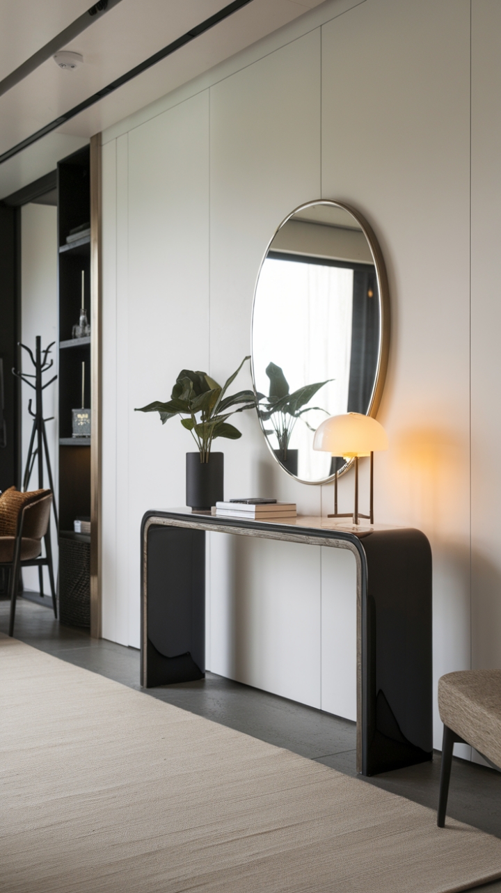 This contemporary console table redefines modern entryway aesthetics with its sleek, minimalist silhouette and striking glossy black finish, perfectly complemented by a luxurious white marble top. Positioned against a pristine white wall, it serves as a stylish focal point, adorned with a vibrant plant and a chic lamp that add a touch of warmth to the space. The soft beige rug underfoot enhances the room's inviting atmosphere, while the subtle presence of a coat rack and a stylish chair further emphasizes the urban sophistication of this chic design, where clean lines and simple shapes harmoniously converge.