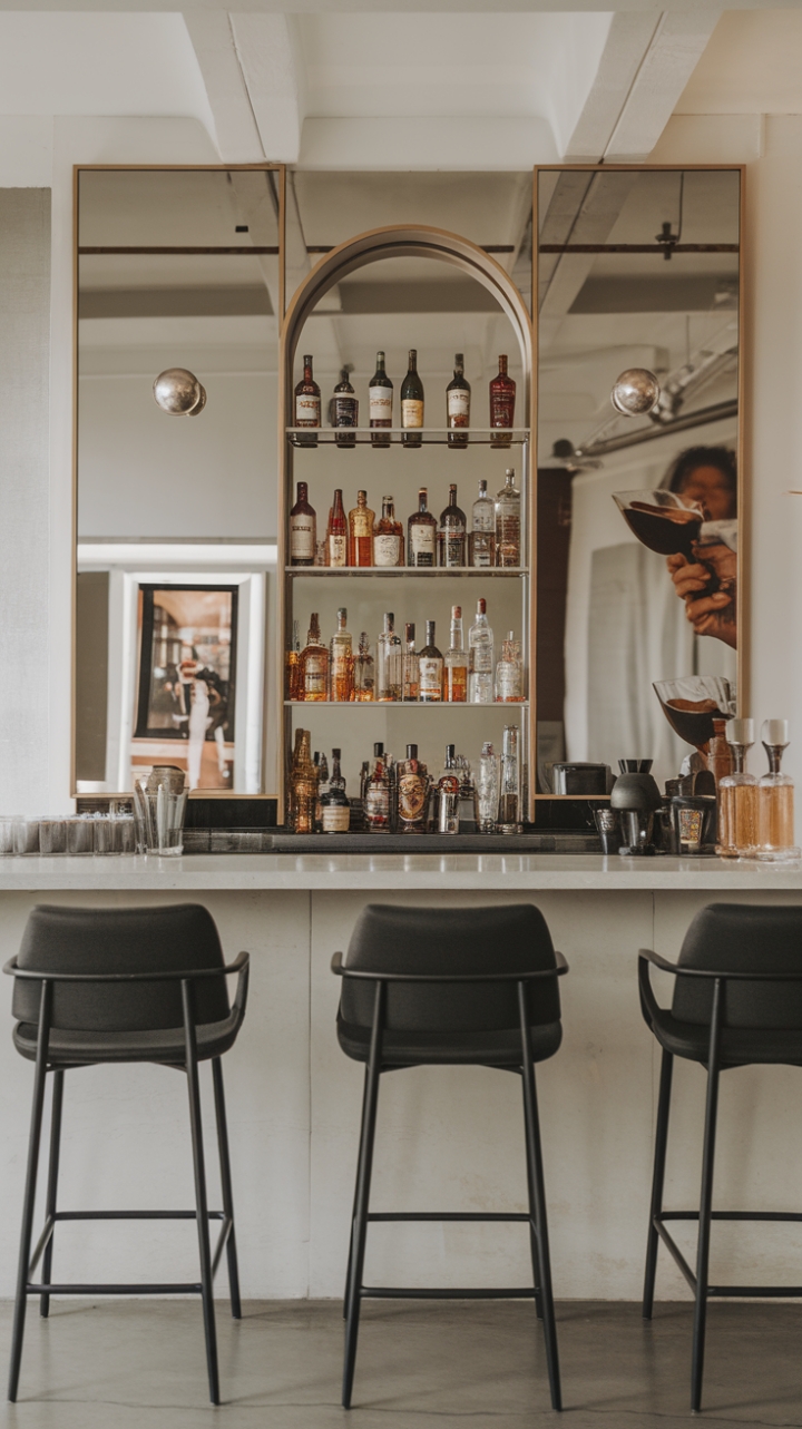With its clean lines and trendy beverage station, this contemporary home bar transforms any gathering into a stylish affair. The minimalist design not only highlights the curated selection of spirits but also creates a warm, inviting space where friends can gather and enjoy each other's company. A person elegantly holding a glass adds a personal touch, capturing the essence of conviviality and the art of mixology in this sophisticated urban retreat.