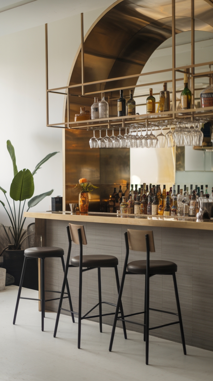 Embrace the art of entertaining in this stunning contemporary home bar, where modern design meets functionality. The minimalist bar showcases a carefully arranged cocktail station, boasting an impressive collection of glassware and a diverse selection of spirits, perfect for crafting signature drinks. With chic stools for seating and a lively potted plant adding a splash of greenery, this sophisticated lounge area creates an inviting atmosphere that transforms any gathering into a stylish affair against the backdrop of a pristine white wall.