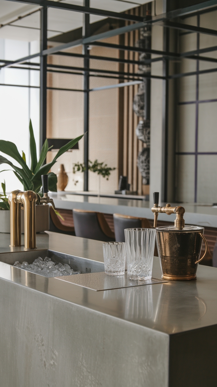 The modern cocktail station stands as a centerpiece of refined design, showcasing a sleek countertop that features a built-in ice bucket and a striking brass tap, perfect for mixing up your favorite drinks. A vintage-style mixer and an exquisite set of glassware add character and charm, while a potted plant brings a lively touch of nature to the scene. The minimalist aesthetic is complemented by a stylish bar area in the background, complete with chic seating, creating an inviting atmosphere that is both urban and sophisticated, ideal for entertaining friends or enjoying a quiet evening at home.
