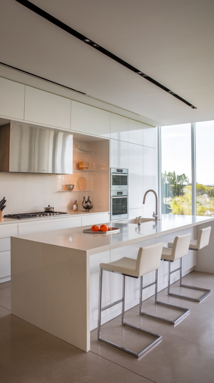 This contemporary luxury kitchen embodies the essence of modern design, showcasing high-end appliances seamlessly integrated into sleek interiors. The minimalist decor, adorned in a crisp white palette with striking stainless steel accents, creates an atmosphere of sophistication and tranquility. Designer cabinets offer both style and functionality, while upscale countertops invite culinary creativity. A large window frames a picturesque view of nature, inviting natural light to dance across the space and enhancing the kitchen's serene ambiance.