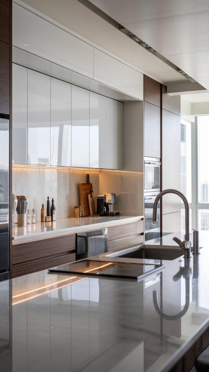 Urban chic meets culinary sophistication. This contemporary kitchen's minimalist design, premium fixtures, and breathtaking cityscape view create a space where modern luxury thrives. The sleek interiors and high-end appliances are perfectly complemented by upscale countertops, promising a cooking experience as stunning as the result.