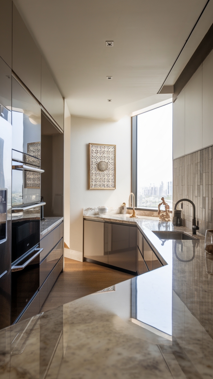 A stunning blend of luxury and minimalism defines this contemporary kitchen, where high-end appliances seamlessly integrate into a sleek design. The exquisite marble countertops reflect the abundant natural light pouring in through a large window, enhancing the glossy finish of the designer cabinets. A decorative tile backsplash serves as a striking focal point, while the rich wooden floor adds warmth and texture, making this kitchen not just a place to cook, but a true centerpiece of modern living.
