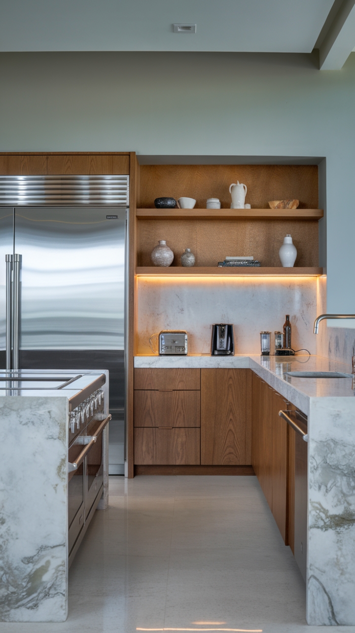 In this exquisite contemporary kitchen, minimalist design meets luxury in perfect harmony. The high-end appliances, featuring a generous refrigerator and a chic oven, stand proudly against the backdrop of stunning marble countertops, where a tasteful toaster and coffee maker add a hint of everyday charm. Rich wooden cabinets provide a warm contrast, topped with select decor that enhances the kitchen's refined aesthetic. The immaculate white tile floor and light gray walls create a tranquil atmosphere, while the warm glow from the pendant light above the sink envelops the space in a cozy embrace, making it the ideal setting for culinary adventures and intimate gatherings alike.