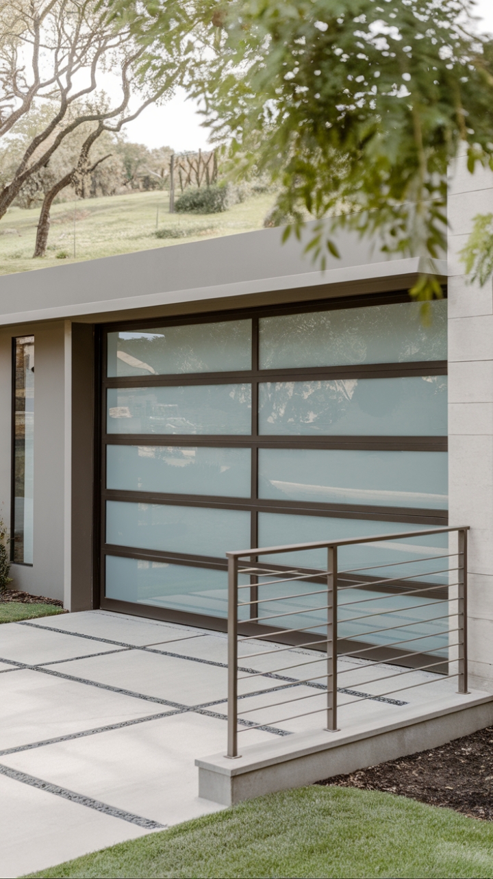 A captivating fusion of modern design and natural beauty, this home exterior features a sleek garage door composed of glass panels that radiate sophistication. The minimalist metal railing adds a touch of contemporary flair to the entryway, perfectly harmonizing with the home's clean lines and monochromatic color scheme. Nestled amidst a verdant backdrop of trees, this architectural masterpiece stands as a testament to innovative living, where style meets tranquility.